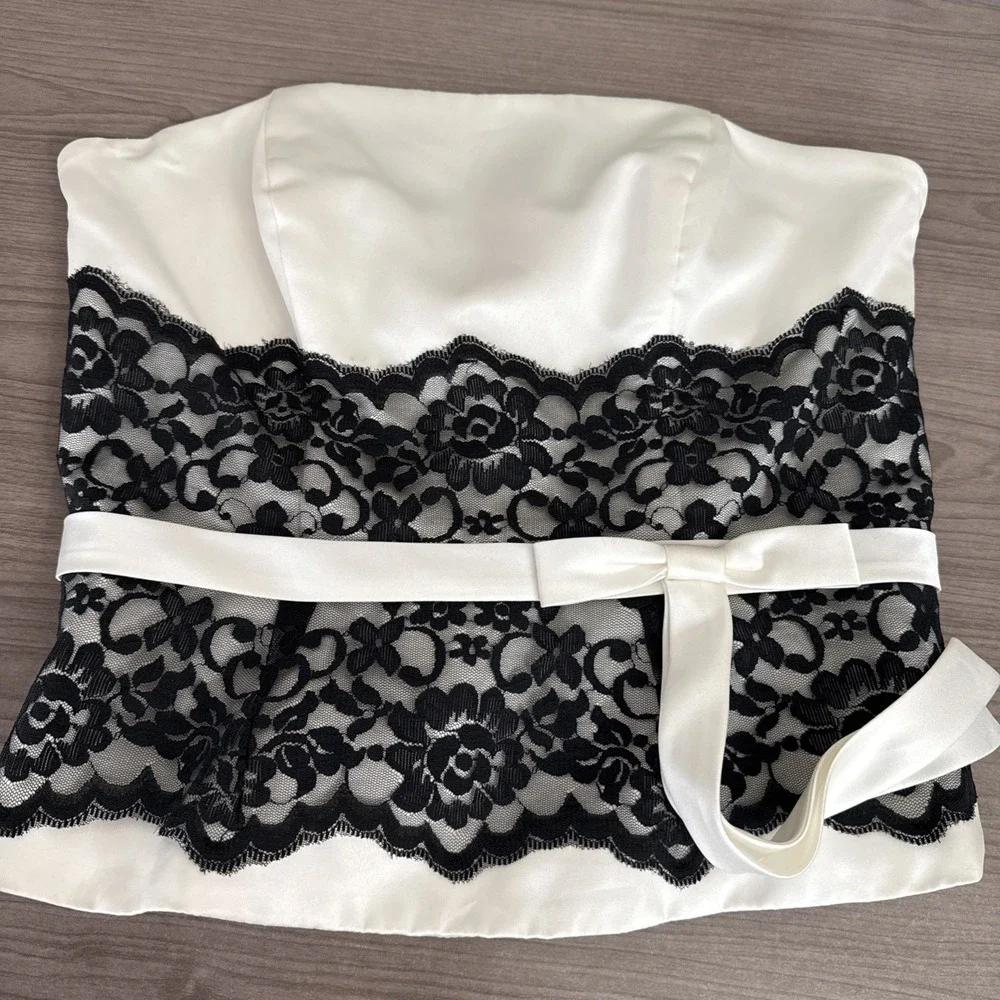 Alfred Angelo‎ Satin Corset Size 12 Black Ivory Lace Bow Feminine Sleeveless Zip
